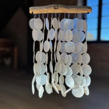 Windspiel aus Strangmuschelscheiben an Schwemmholzast